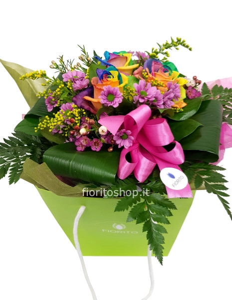 Boule grande con 3 rose arcobaleno