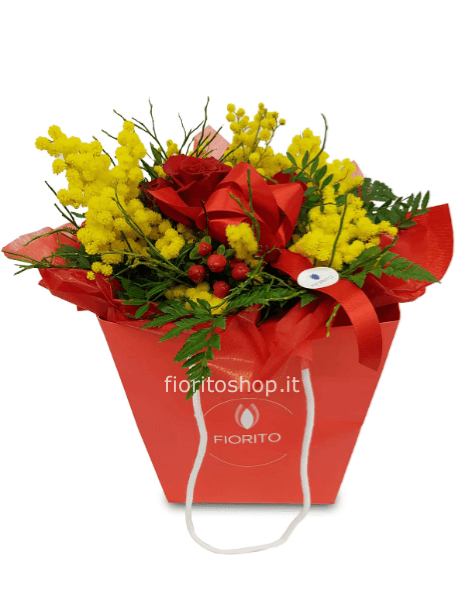 Boule grande con rosa rossa e mimosa