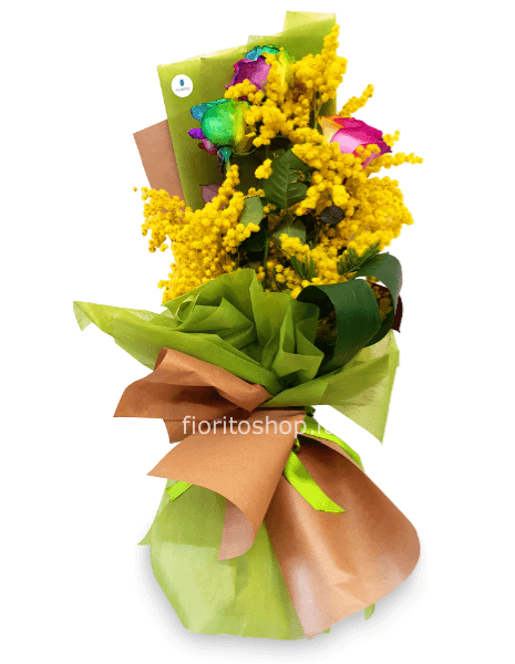 Mazzo di 3 rose arcobaleno con mimosa