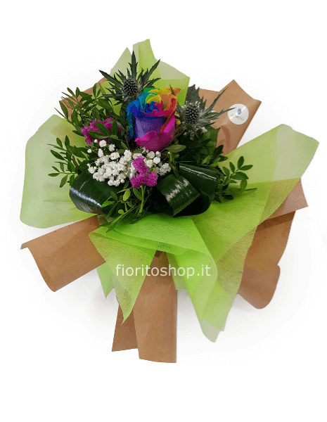Bouquet con rosa arcobaleno
